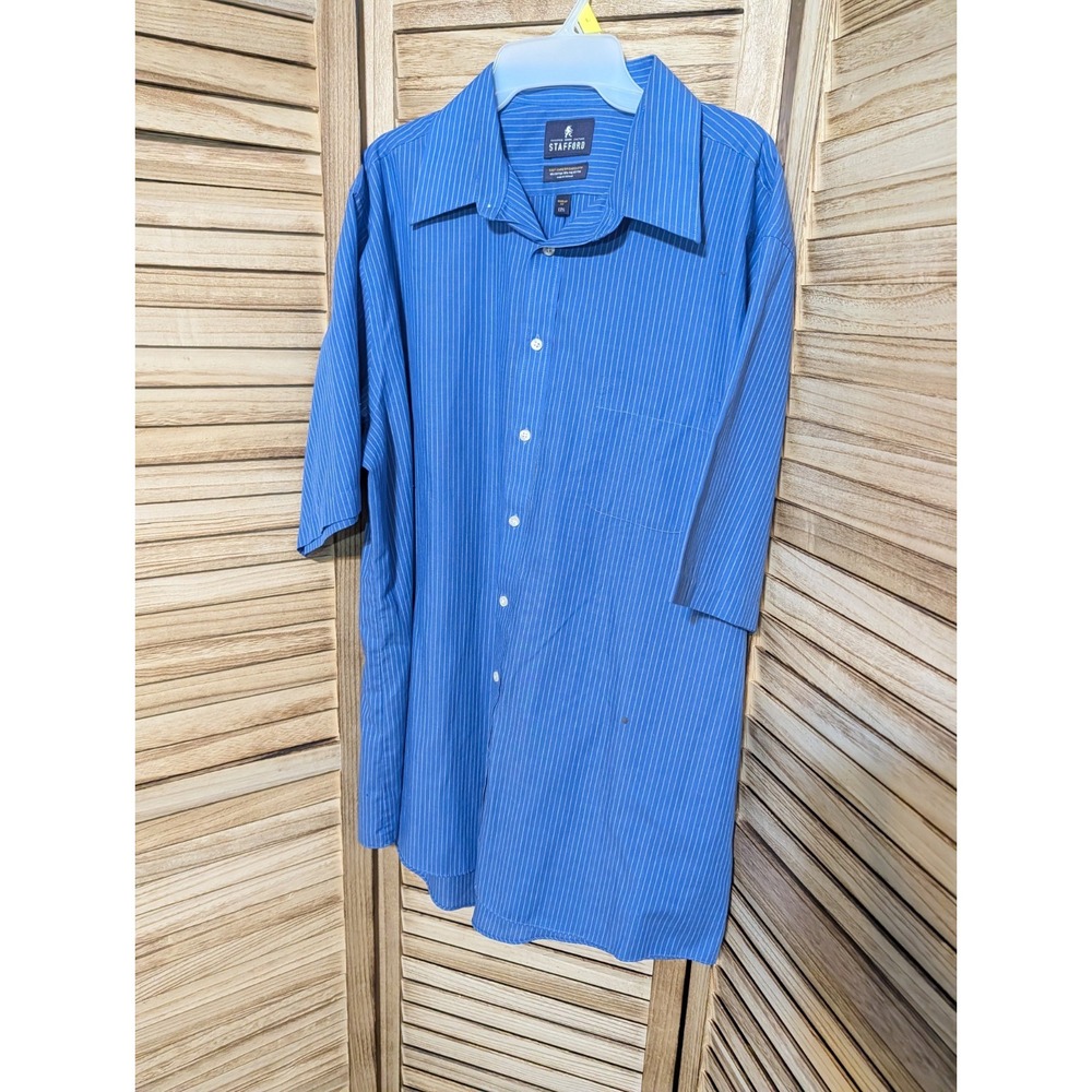 Stafford Travel Broadcloth Short Sleeve Dress Shirt Sz 17.5 Blue Stripe Reg Fit
